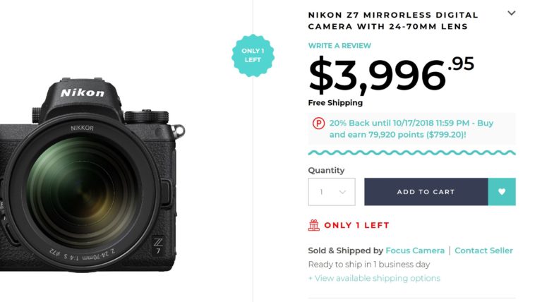 Super Hot ! Nikon Z7 w/ 24-70 for $3,199, D750 for $1,359, D5 for $5,199 After 20% Rakuten Points (Authorized Dealers)
