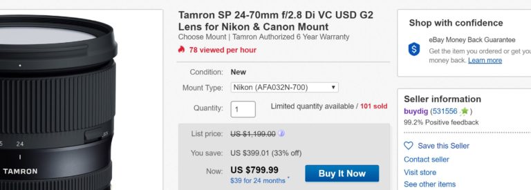 New Lowest Price ! Tamron 24-70mm f/2.8 G2 Lens for $799, 18-400mm Di II VC HLD Lens for $439 at BuyDig via eBay !