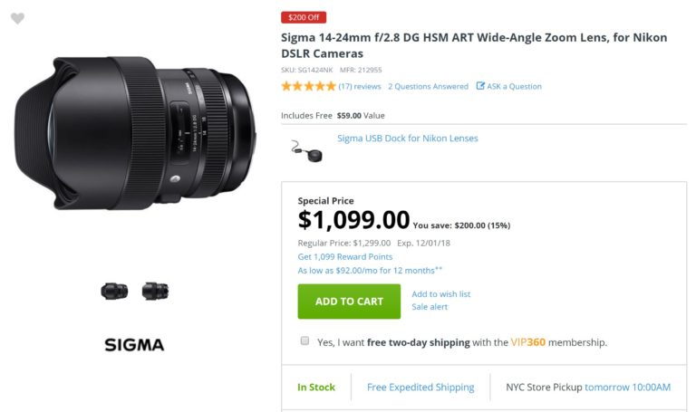 Today Only – Sigma 14-24mm f/2.8 DG HSM Art Lens for $1,099 at Adorama !