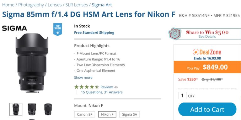 Today Only Deal -Sigma 85mm f/1.4 DG HSM Art Lens for $849 at B&H Photo Video !