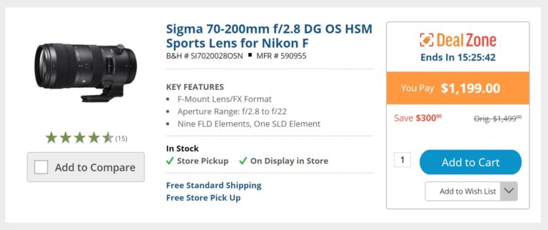 Hot Deal – Sigma 70-200mm f/2.8 DG OS HSM Sports Lens for $1,199 at B&H Photo Video !