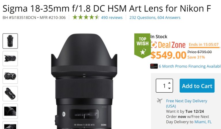 Today Only Deal – Sigma 18-35mm f/1.8 DC HSM Art Lens for $549 at B&H Photo Video !