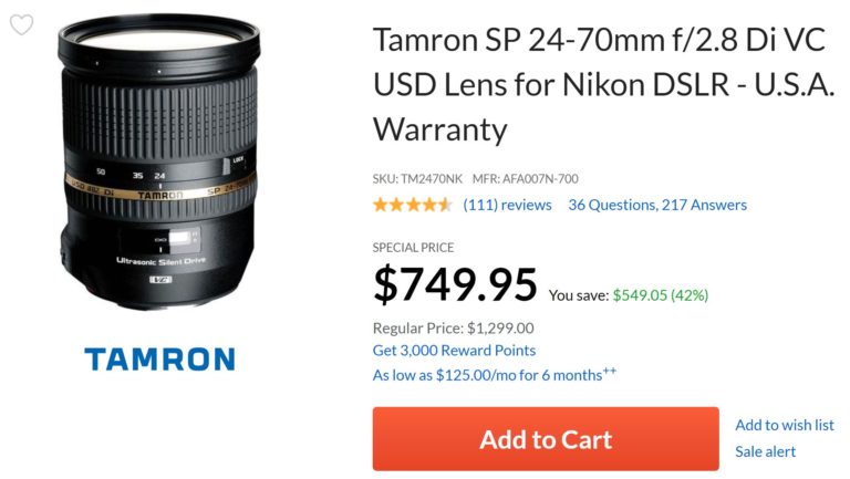 Hot Deal – Tamron SP 24-70mm f/2.8 Di VC USD Lens for $749 at Adorama !