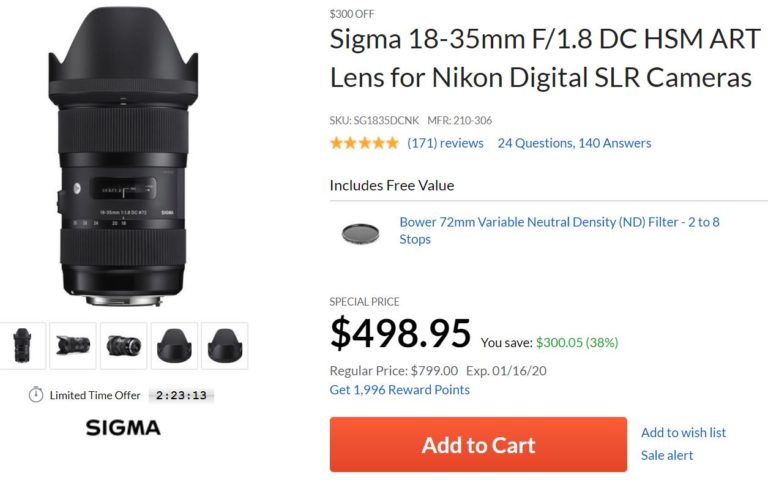 Hot Deal – Sigma 18-35mm f/1.8 DC HSM Art Lens for $499 at Adorama !