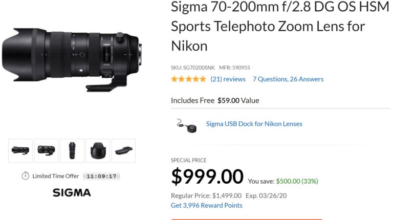 Today Only – Sigma 70-200mm f/2.8 DG OS HSM Sports Lens for $999 !