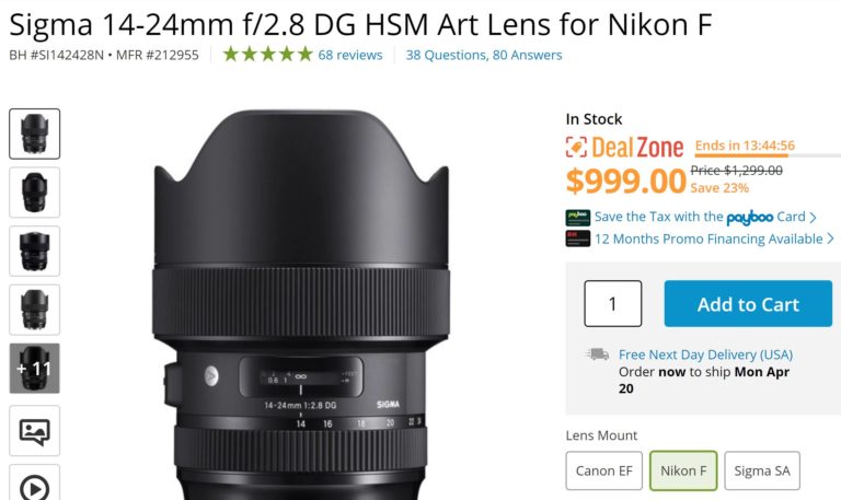 Hot One Day Deal – Sigma 14-24mm f/2.8 DG HSM Art Lens for $999 at B&H Photo Video !