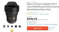 Super Hot Deal – Refurbished AF-S NIKKOR 14-24mm f/2.8G ED Lens for $997 at Adorama !