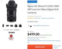 Today Only – Sigma 18-35mm f/1.8 DC HSM Art Lens for $499 at Adorama !